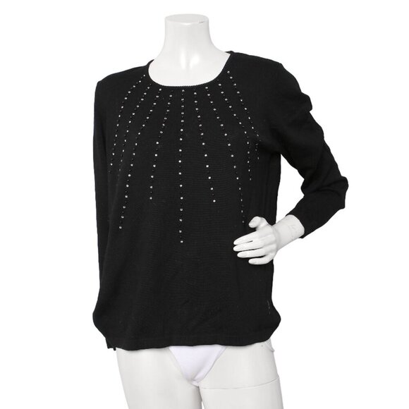 Vintage Merino Wool Sweater Beaded Sequins Italy Black Silver Lightweight - Picture 1 of 9